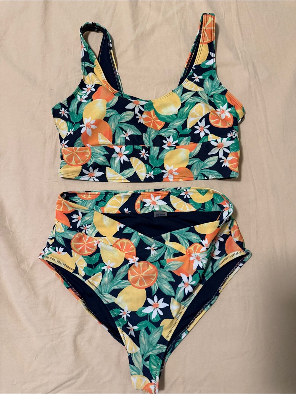 Old Navy Navy Orange Yellow Citrus Print High-Waist Bikini Set